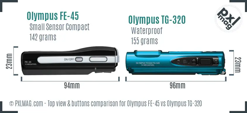 Olympus FE-45 vs Olympus TG-320 top view buttons comparison