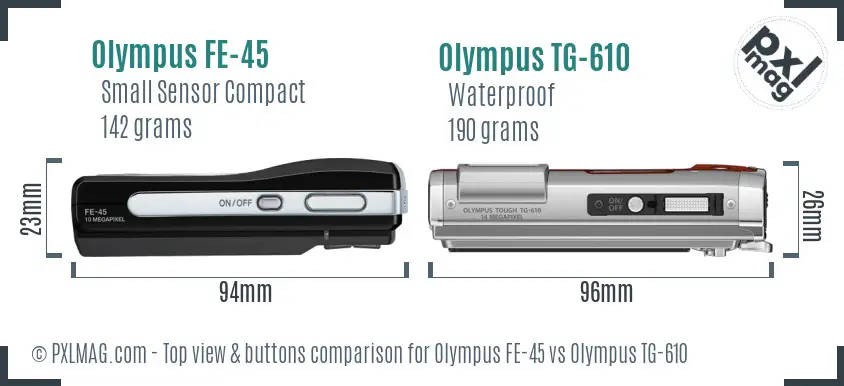 Olympus FE-45 vs Olympus TG-610 top view buttons comparison