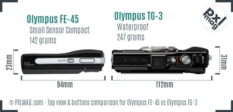 Olympus FE-45 vs Olympus TG-3 top view buttons comparison