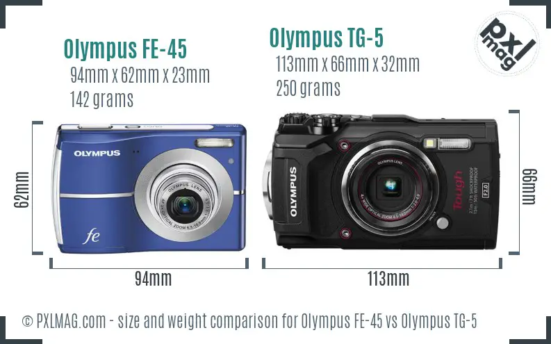 Olympus FE-45 vs Olympus TG-5 size comparison