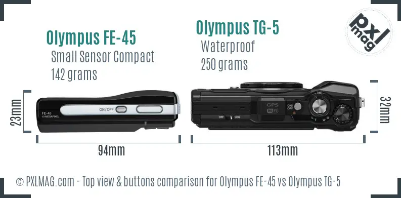 Olympus FE-45 vs Olympus TG-5 top view buttons comparison