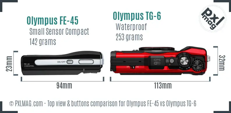 Olympus FE-45 vs Olympus TG-6 top view buttons comparison