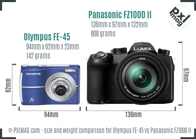 Olympus FE-45 vs Panasonic FZ1000 II size comparison