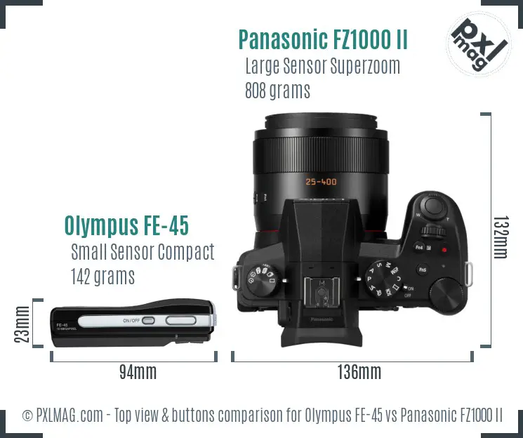 Olympus FE-45 vs Panasonic FZ1000 II top view buttons comparison