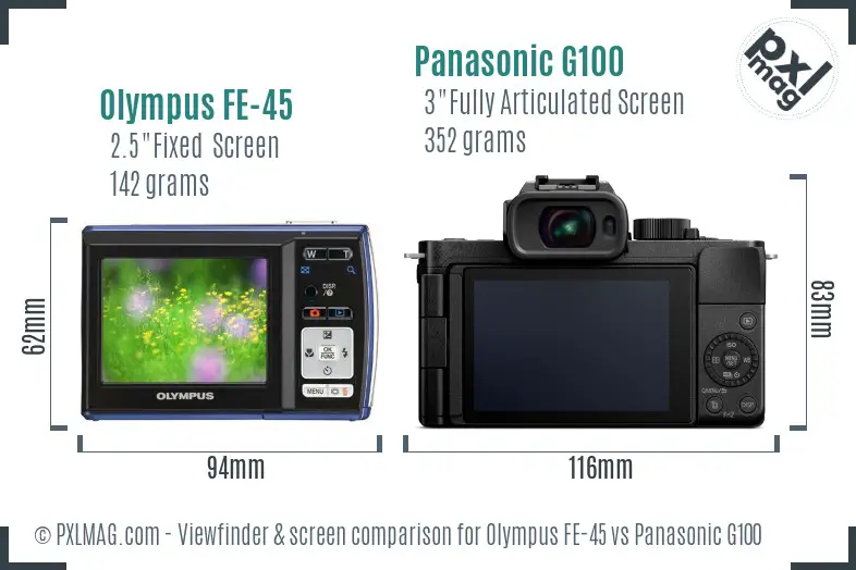 Olympus FE-45 vs Panasonic G100 Screen and Viewfinder comparison