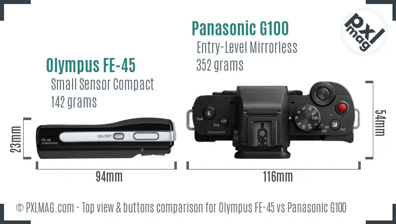 Olympus FE-45 vs Panasonic G100 top view buttons comparison