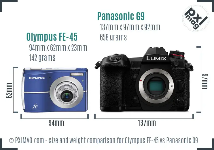 Olympus FE-45 vs Panasonic G9 size comparison