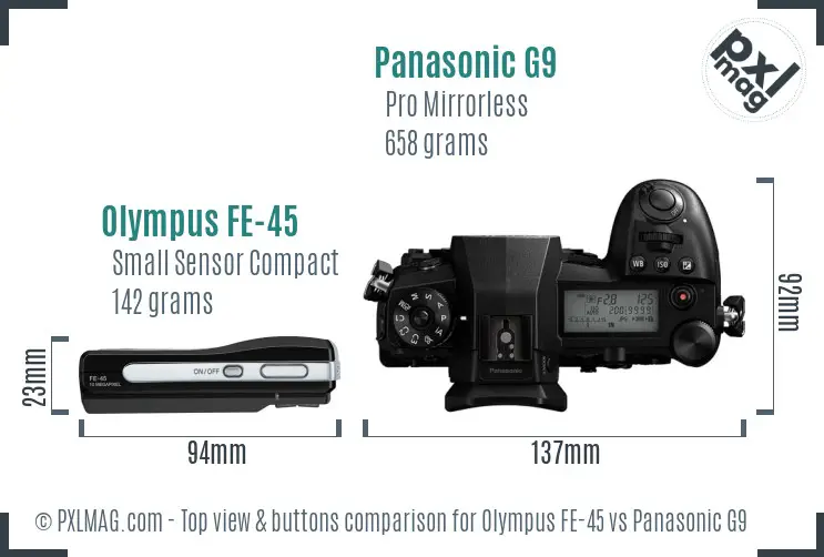 Olympus FE-45 vs Panasonic G9 top view buttons comparison