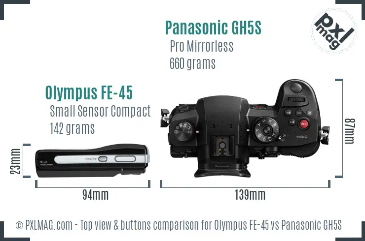 Olympus FE-45 vs Panasonic GH5S top view buttons comparison