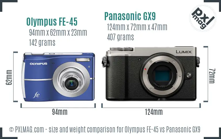 Olympus FE-45 vs Panasonic GX9 size comparison