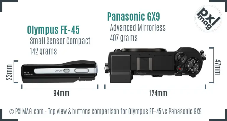 Olympus FE-45 vs Panasonic GX9 top view buttons comparison