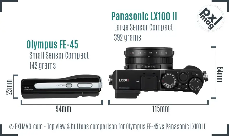 Olympus FE-45 vs Panasonic LX100 II top view buttons comparison