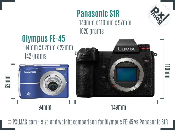 Olympus FE-45 vs Panasonic S1R size comparison