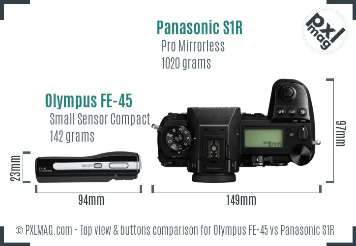 Olympus FE-45 vs Panasonic S1R top view buttons comparison