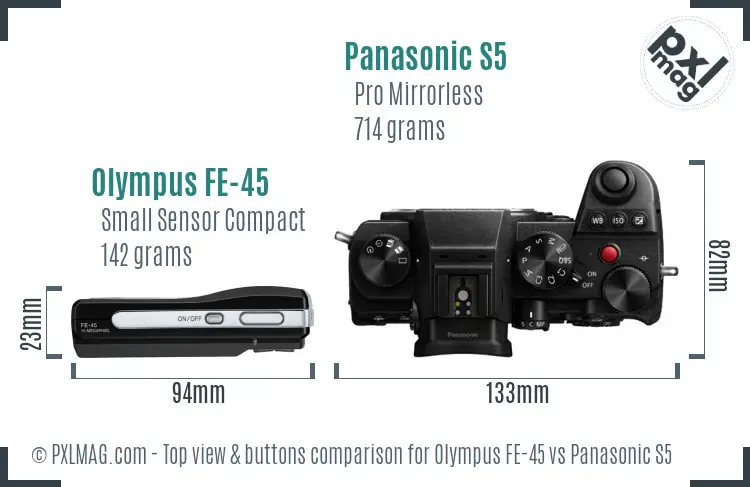 Olympus FE-45 vs Panasonic S5 top view buttons comparison