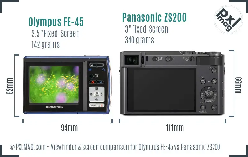 Olympus FE-45 vs Panasonic ZS200 Screen and Viewfinder comparison