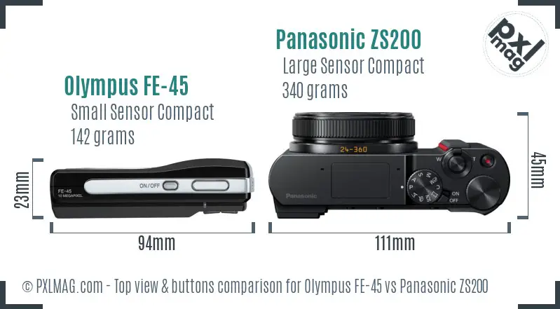 Olympus FE-45 vs Panasonic ZS200 top view buttons comparison