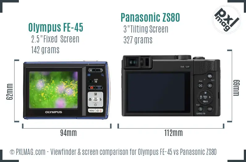 Olympus FE-45 vs Panasonic ZS80 Screen and Viewfinder comparison