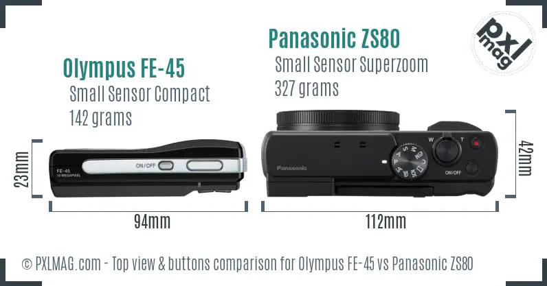 Olympus FE-45 vs Panasonic ZS80 top view buttons comparison