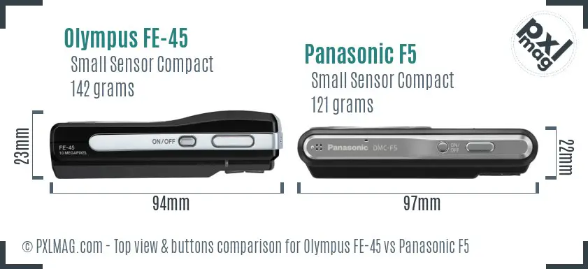 Olympus FE-45 vs Panasonic F5 top view buttons comparison