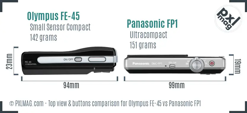 Olympus FE-45 vs Panasonic FP1 top view buttons comparison