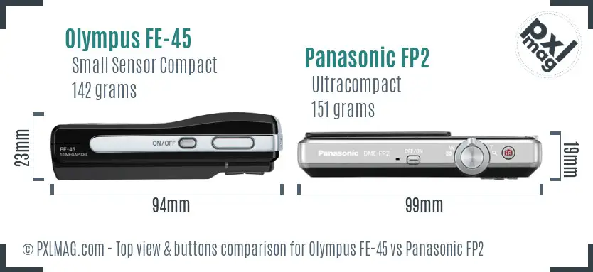 Olympus FE-45 vs Panasonic FP2 top view buttons comparison
