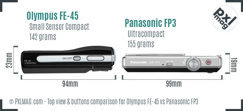 Olympus FE-45 vs Panasonic FP3 top view buttons comparison