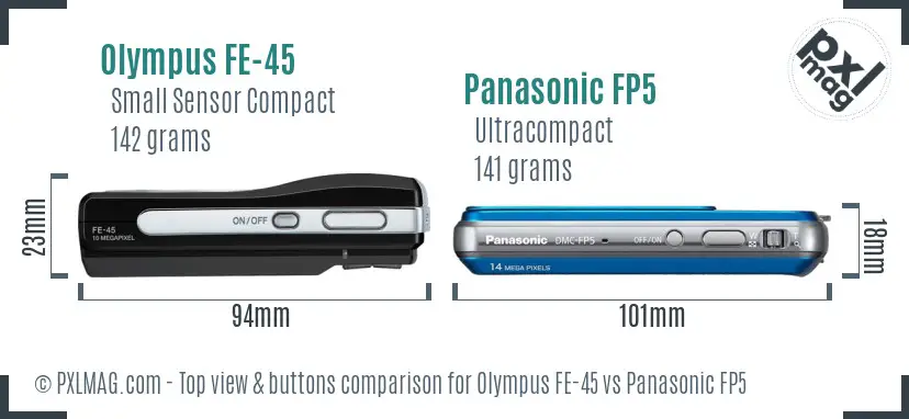Olympus FE-45 vs Panasonic FP5 top view buttons comparison