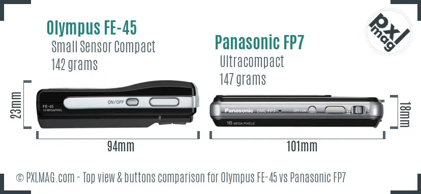Olympus FE-45 vs Panasonic FP7 top view buttons comparison
