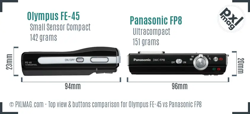 Olympus FE-45 vs Panasonic FP8 top view buttons comparison