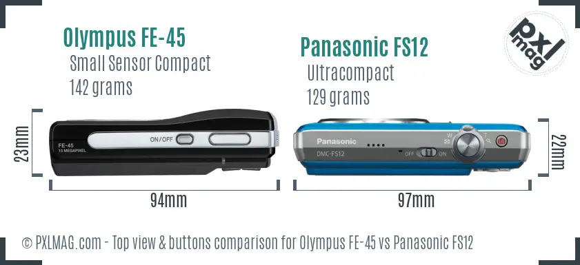 Olympus FE-45 vs Panasonic FS12 top view buttons comparison