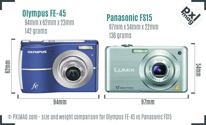 Olympus FE-45 vs Panasonic FS15 size comparison
