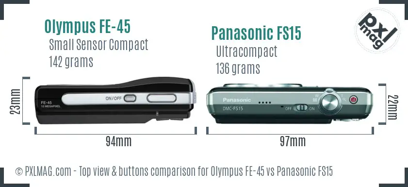 Olympus FE-45 vs Panasonic FS15 top view buttons comparison