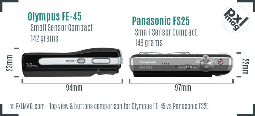Olympus FE-45 vs Panasonic FS25 top view buttons comparison
