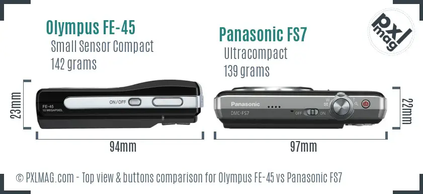 Olympus FE-45 vs Panasonic FS7 top view buttons comparison