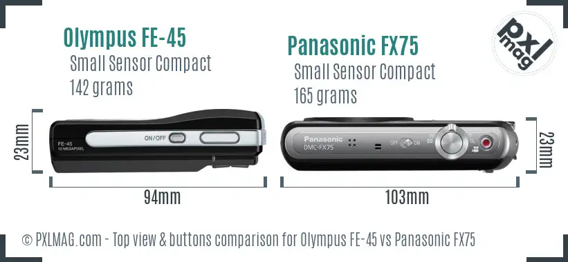 Olympus FE-45 vs Panasonic FX75 top view buttons comparison