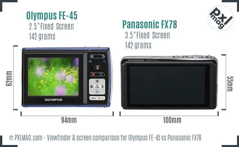 Olympus FE-45 vs Panasonic FX78 Screen and Viewfinder comparison