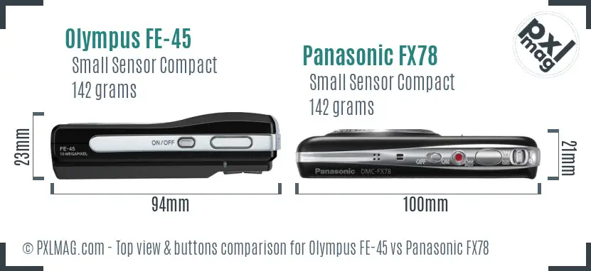 Olympus FE-45 vs Panasonic FX78 top view buttons comparison