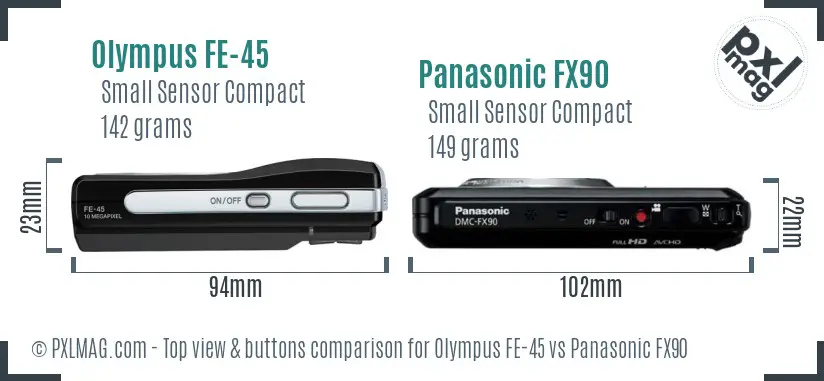 Olympus FE-45 vs Panasonic FX90 top view buttons comparison