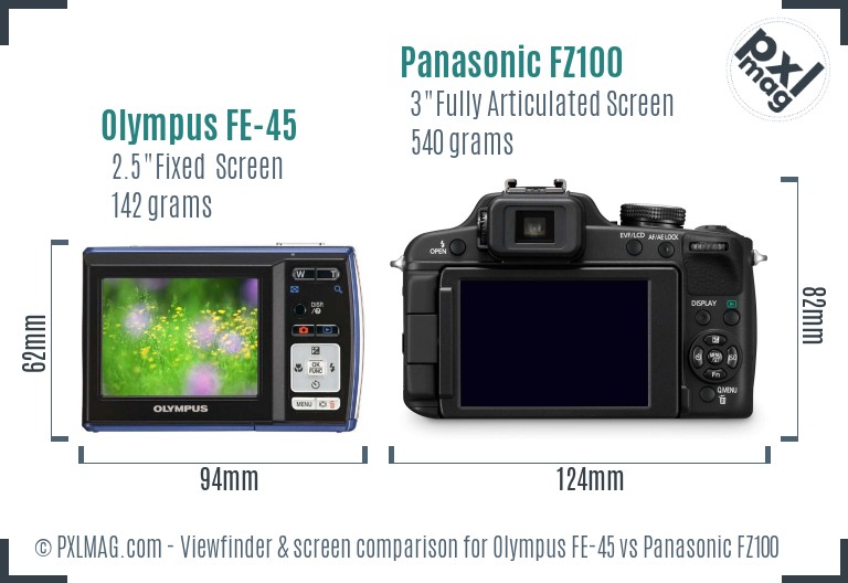 Olympus FE-45 vs Panasonic FZ100 Screen and Viewfinder comparison