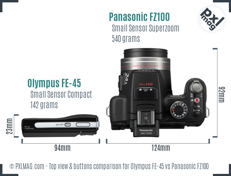 Olympus FE-45 vs Panasonic FZ100 top view buttons comparison