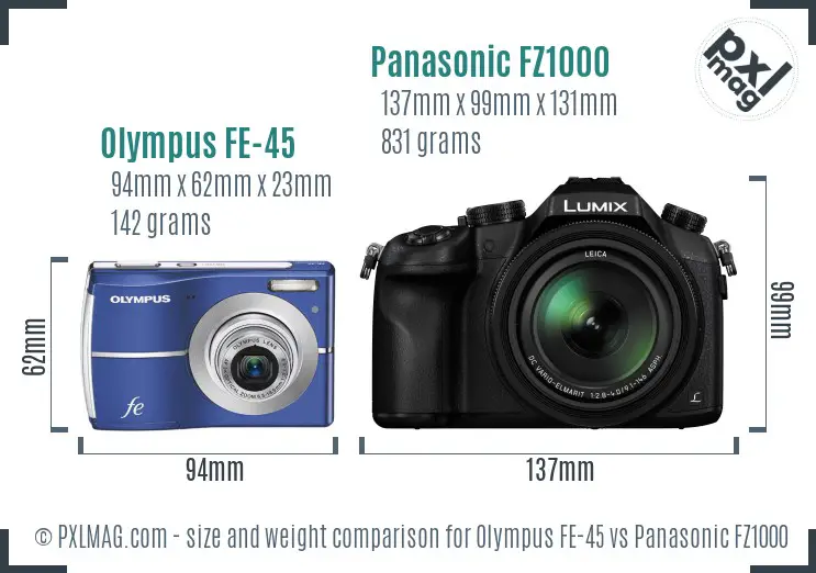 Olympus FE-45 vs Panasonic FZ1000 size comparison Olympus FE-45 vs Panasonic FZ1000 size comparison