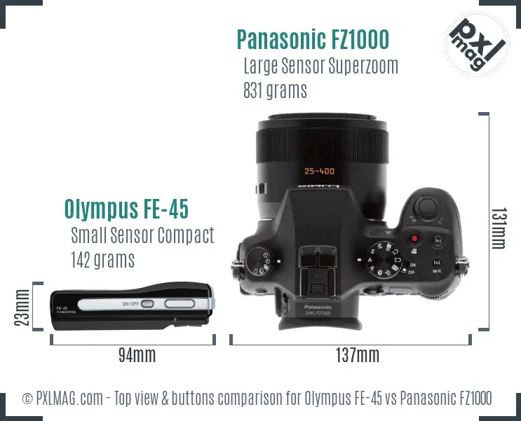 Olympus FE-45 vs Panasonic FZ1000 top view buttons comparison Olympus FE-45 vs Panasonic FZ1000 top view buttons comparison