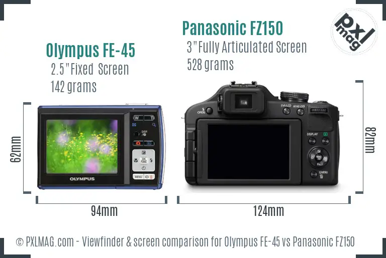 Olympus FE-45 vs Panasonic FZ150 Screen and Viewfinder comparison