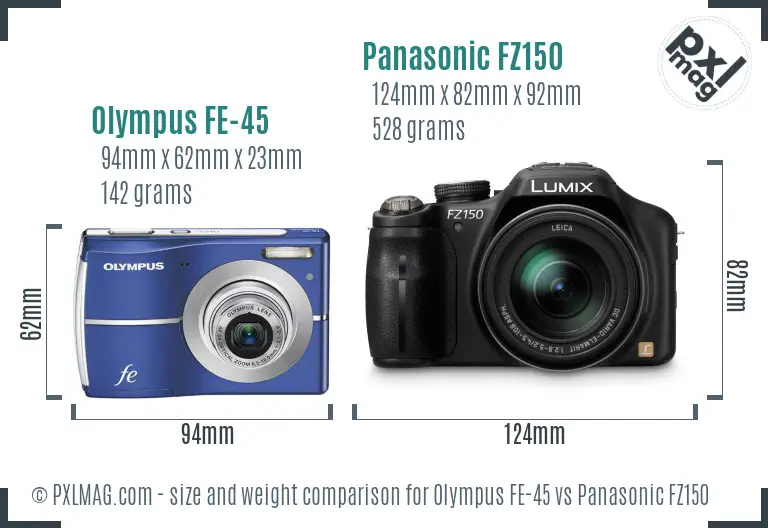 Olympus FE-45 vs Panasonic FZ150 size comparison