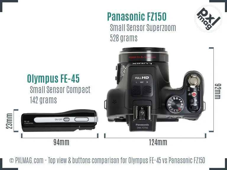 Olympus FE-45 vs Panasonic FZ150 top view buttons comparison