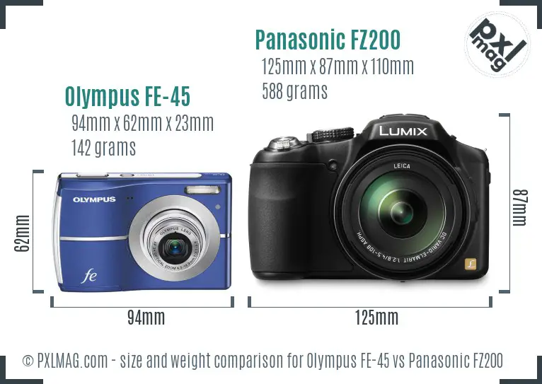 Olympus FE-45 vs Panasonic FZ200 size comparison Olympus FE-45 vs Panasonic FZ200 size comparison