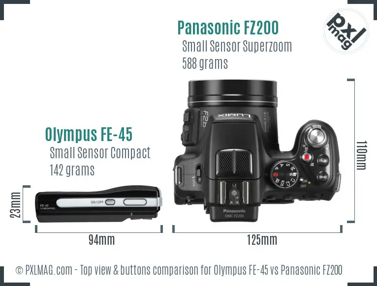 Olympus FE-45 vs Panasonic FZ200 top view buttons comparison Olympus FE-45 vs Panasonic FZ200 top view buttons comparison