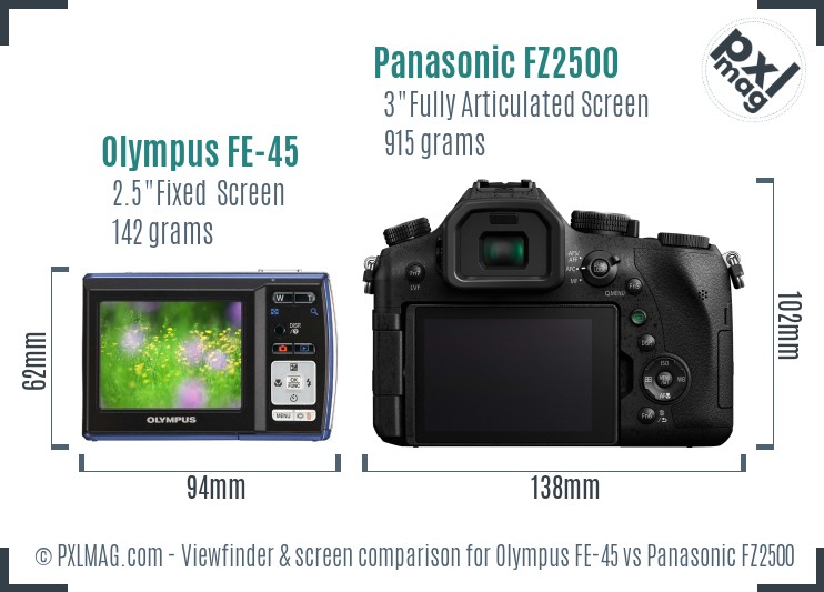 Olympus FE-45 vs Panasonic FZ2500 Screen and Viewfinder comparison