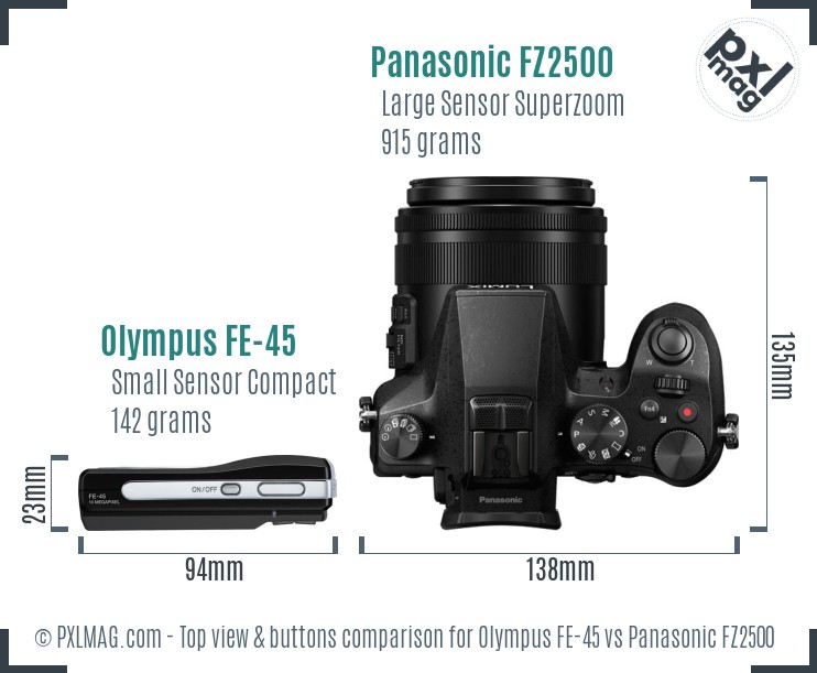 Olympus FE-45 vs Panasonic FZ2500 top view buttons comparison